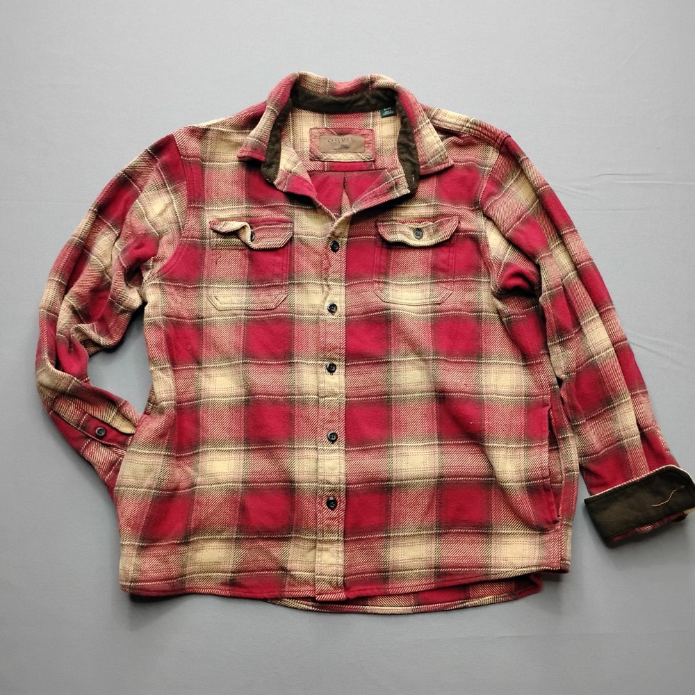 Orvis Mens XL Red Plaid Flannel Button Down Shirt Corduroy Trim Side Pockets